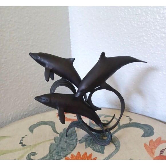 Vintage Dancing Dolphins Bronze Wave Base MCM Sculpture Patina Swimming Dolphins - Picture 4 of 12